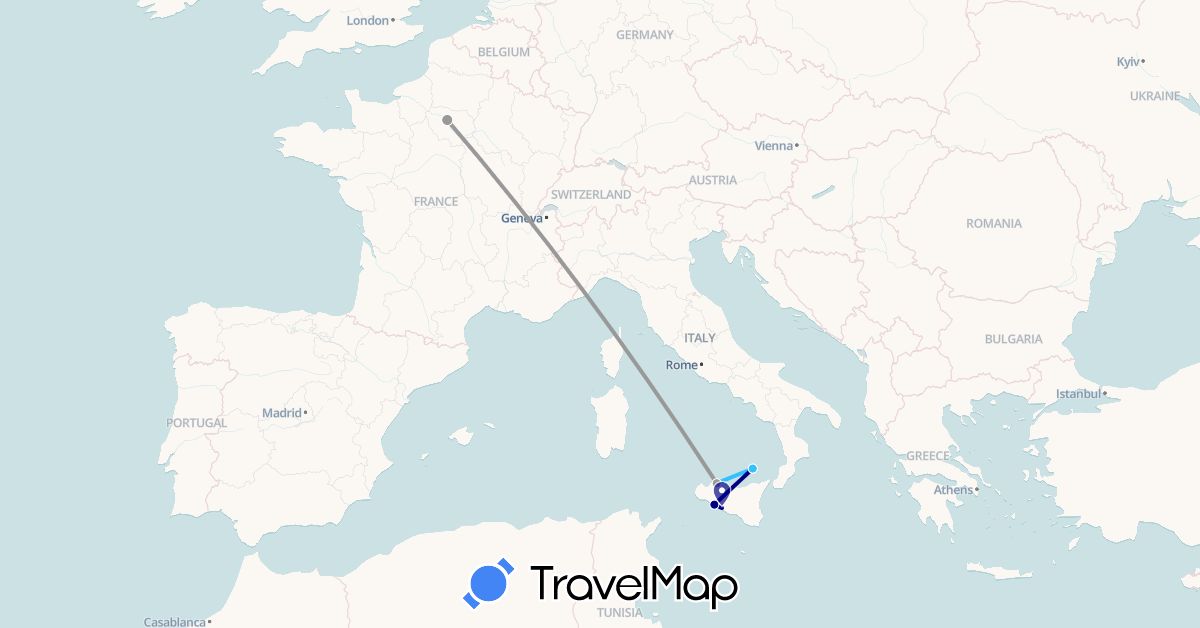 TravelMap itinerary: driving, plane, boat in France, Italy (Europe)